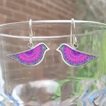 Ceramic and Stainless Steel Bird Shape Purple Mandala Earrings-BPME