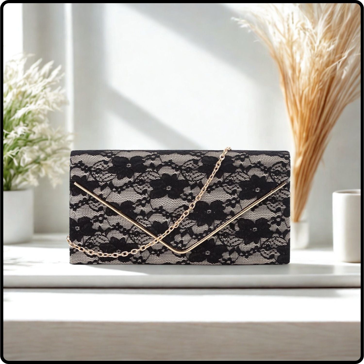 Janie Lace Envelope Clutch Bag/Black-Janie-Black