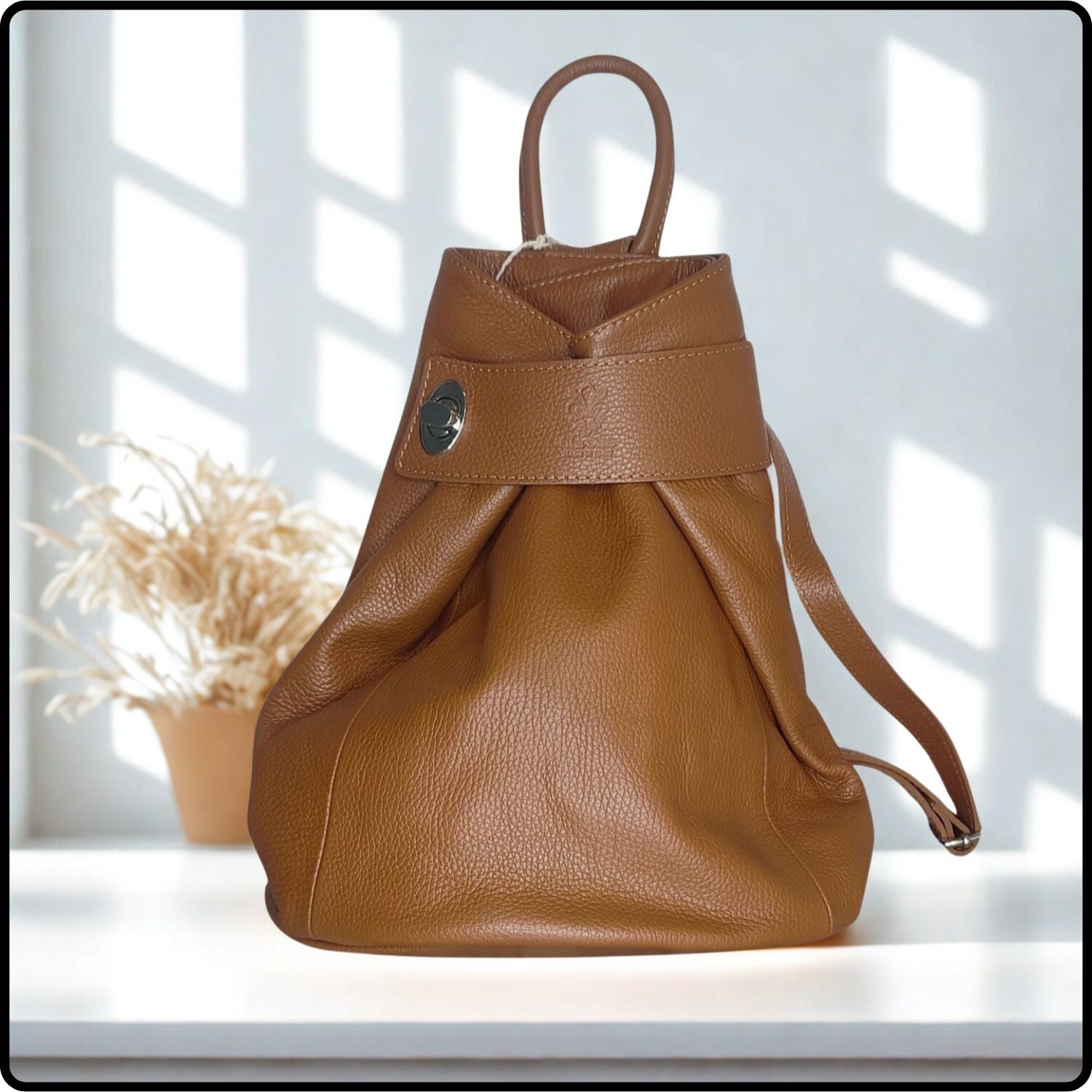 Large Pebbled Leather Lock Closure Backpack - VPR248-TAN