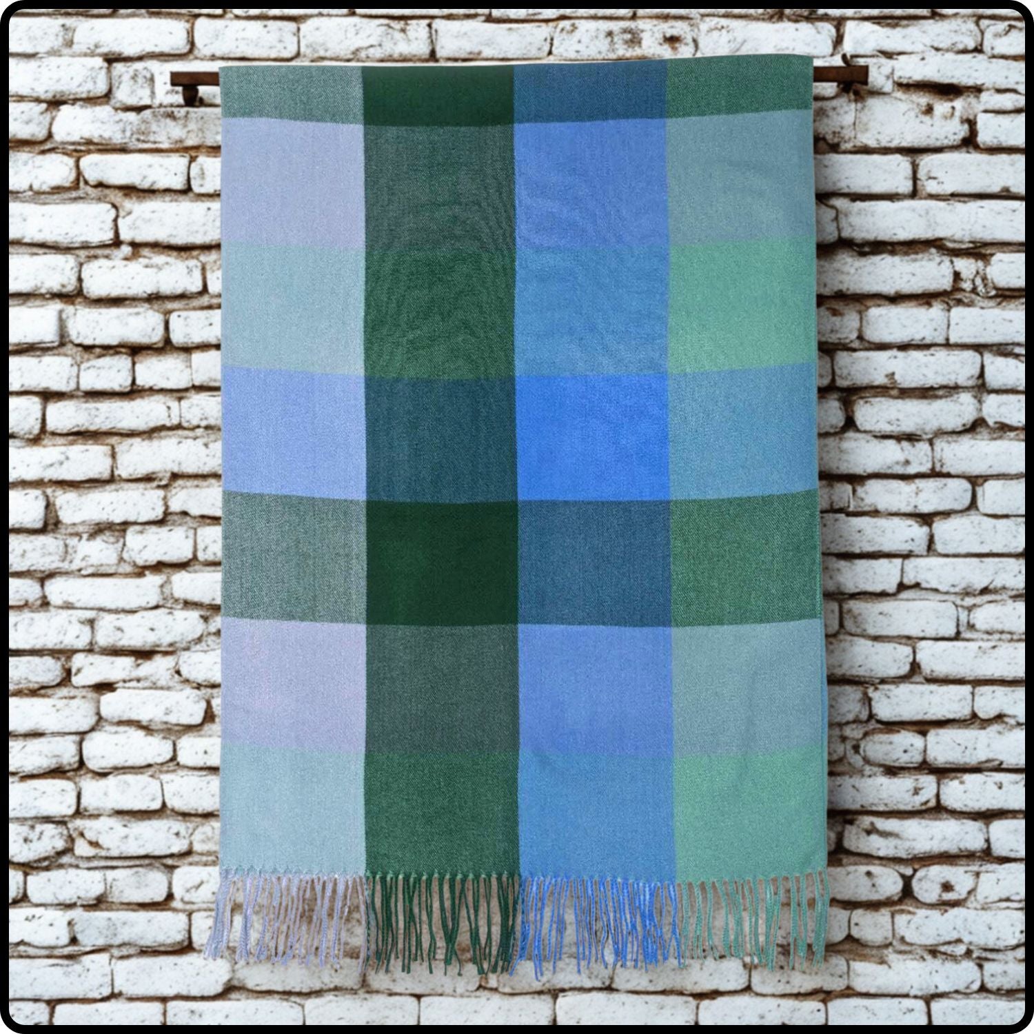 Wool blend mini check scarf with tassels in blues- SCBM