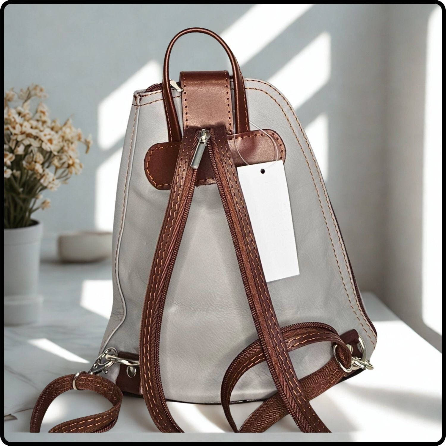 Small Soft Leather Backpack - VPB14-LIGHTGREY/BROWN