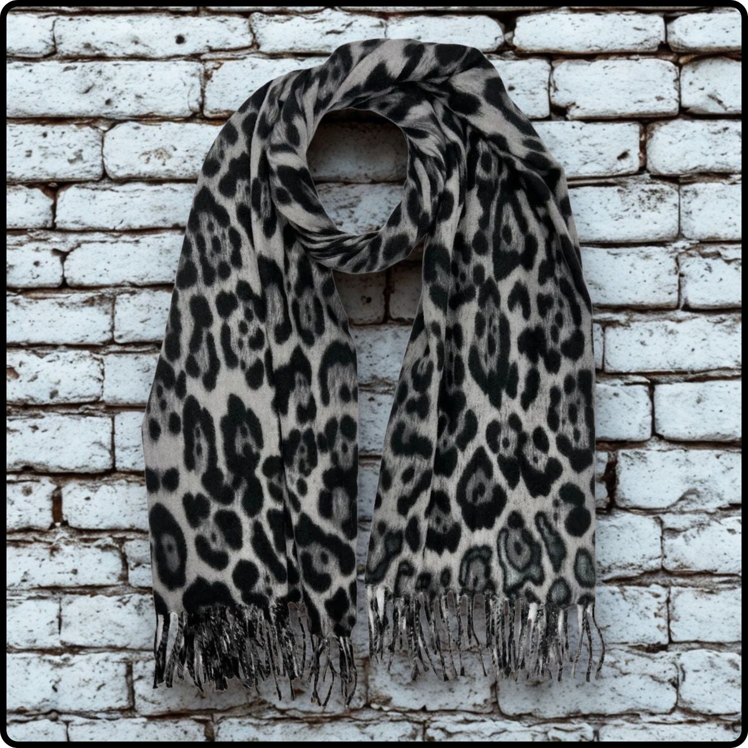 Wool blend leopard print scarf in black- SCBL