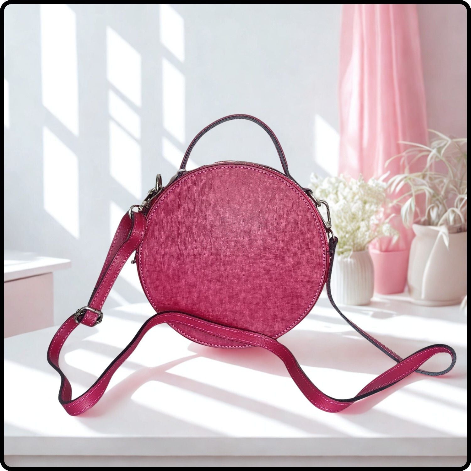 Round Leather Grab Bag With Double Zip - VPQ17-FUCHSIA