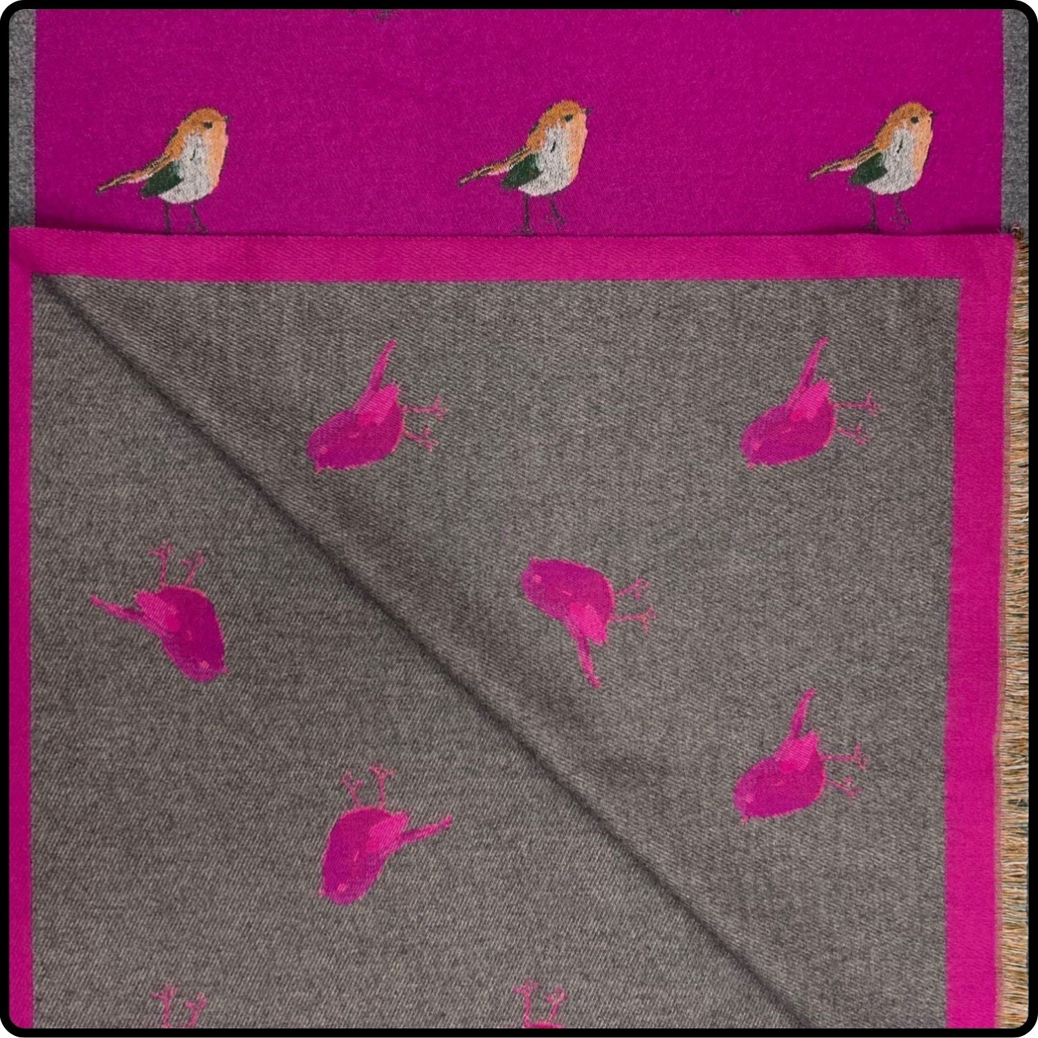 Robin embroidered print on reversible cashmere blend scarf in  Hot Pink-SCRP