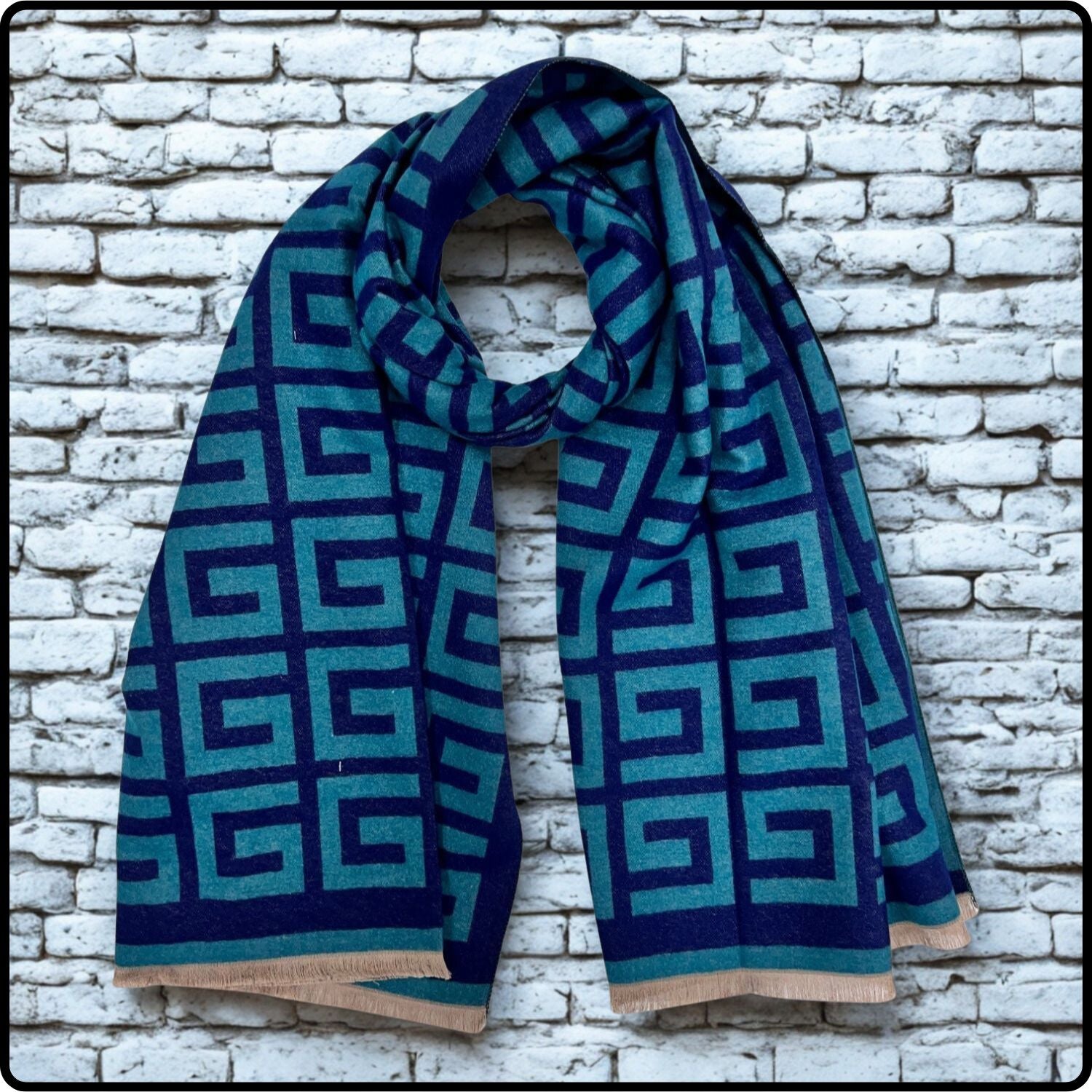 Big Maze Print on Wool Blend Scarf in Navy-MPCN