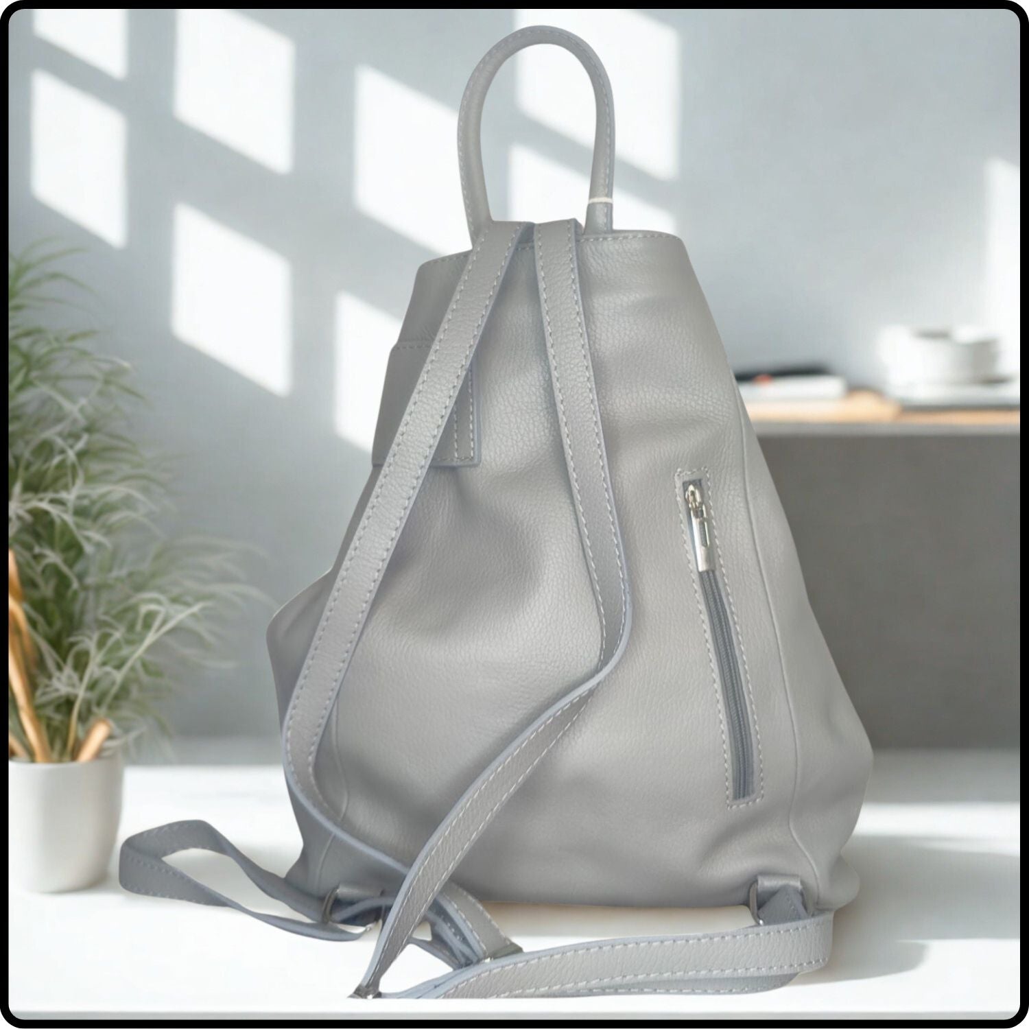 Large Pebbled Leather Lock Closure Backpack - VPR248-GREY