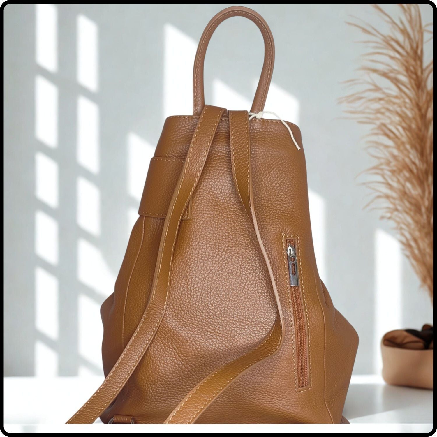 Large Pebbled Leather Lock Closure Backpack - VPR248-TAN