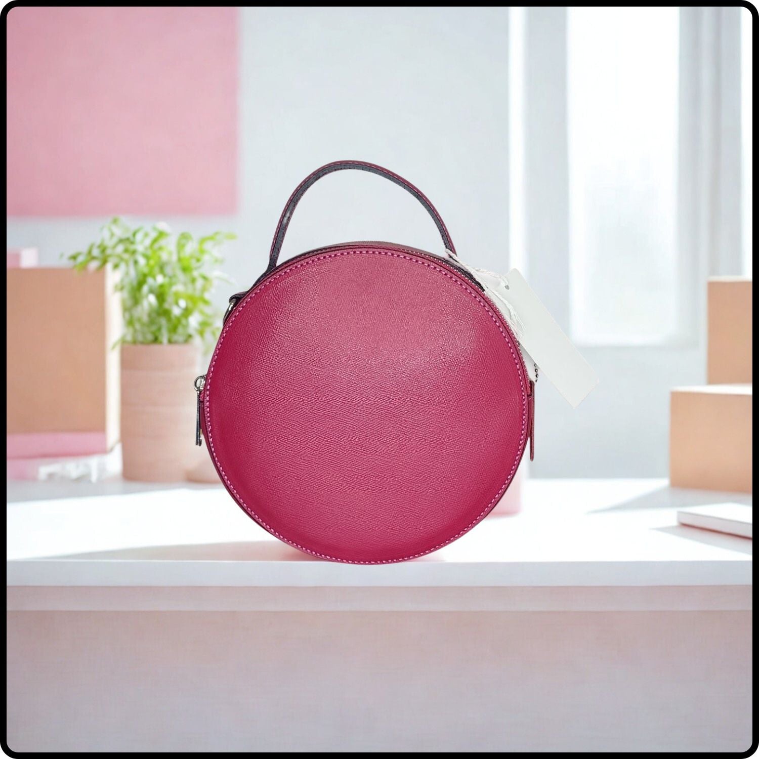 Round Leather Grab Bag With Double Zip - VPQ17-FUCHSIA