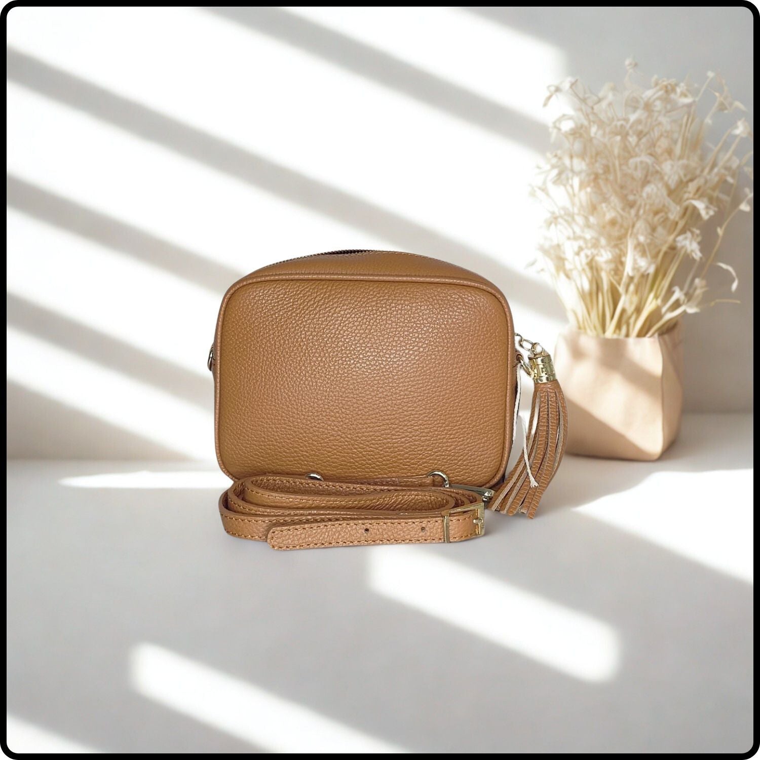 Leather Cross Body Bag Tassel- PS233-DARK TAN