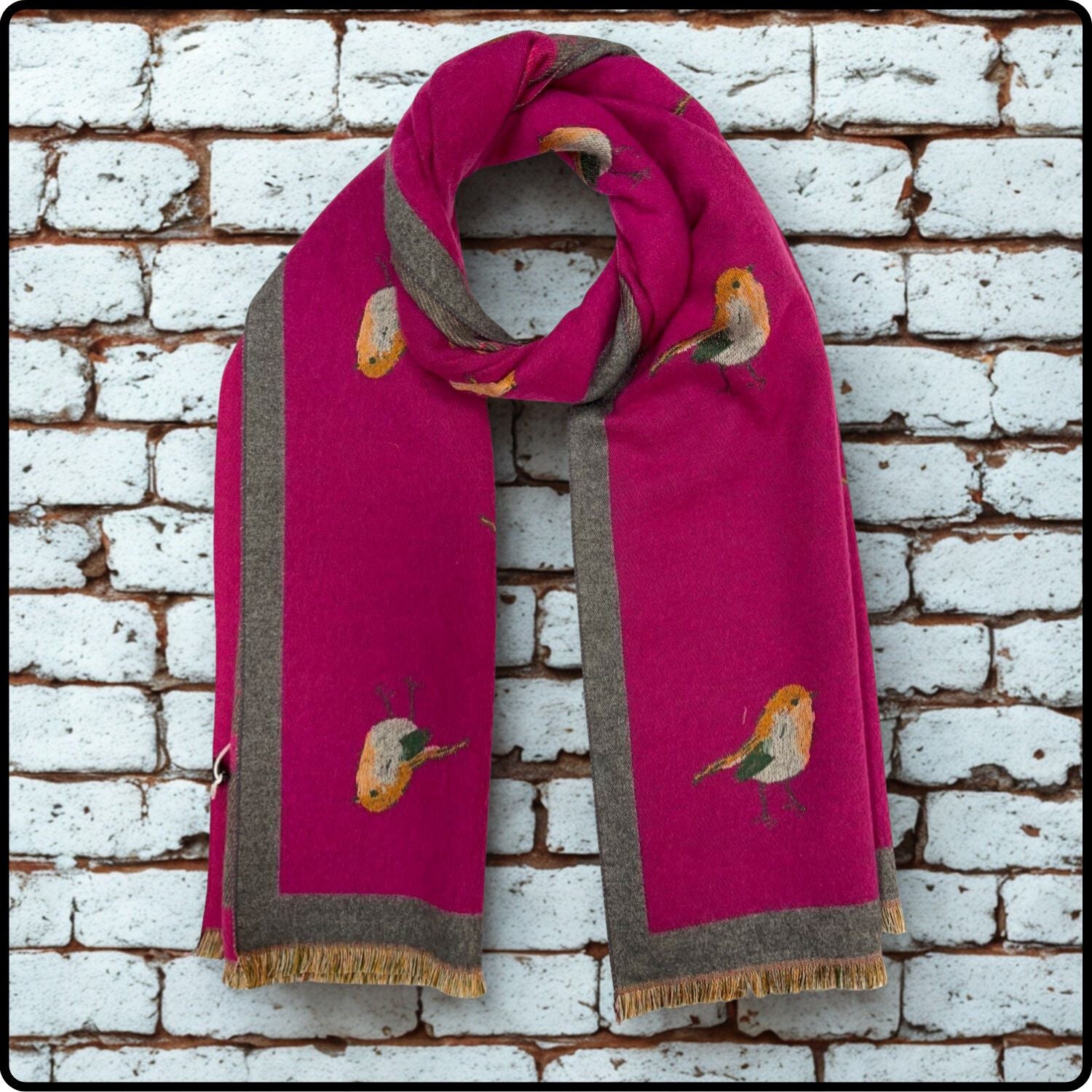 Robin embroidered print on reversible cashmere blend scarf in  Hot Pink-SCRP