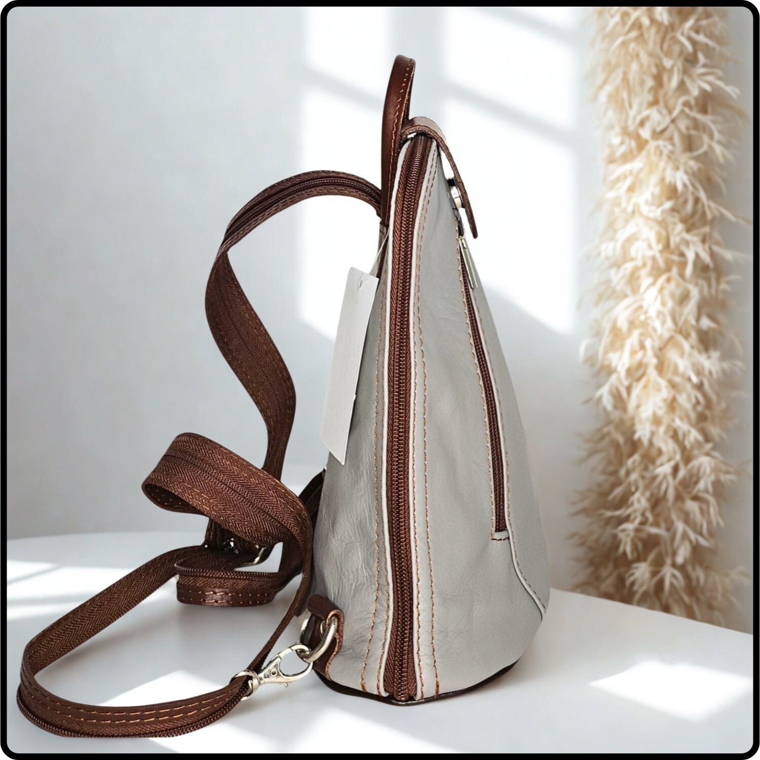 Small Soft Leather Backpack - VPB14-LIGHTGREY/BROWN