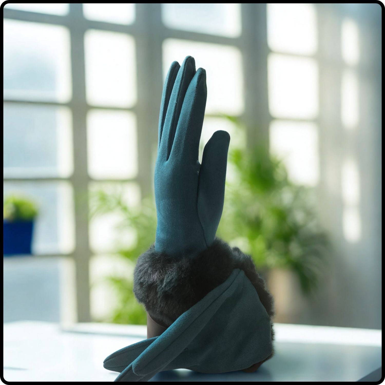 Faux Fur Suedette Fabric Touch Screen Gloves One Size in Teal-FGT