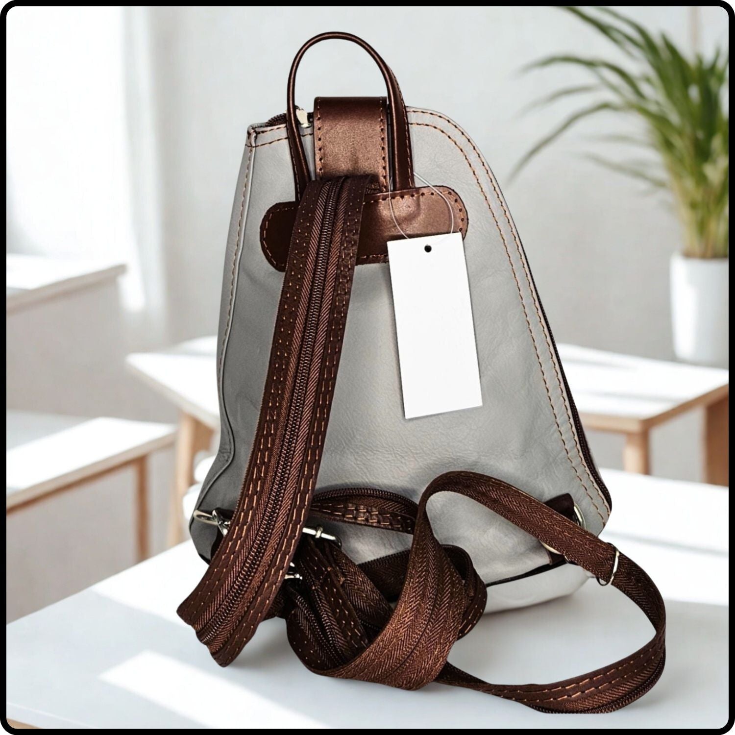 Small Soft Leather Backpack - VPB14-LIGHTGREY/BROWN