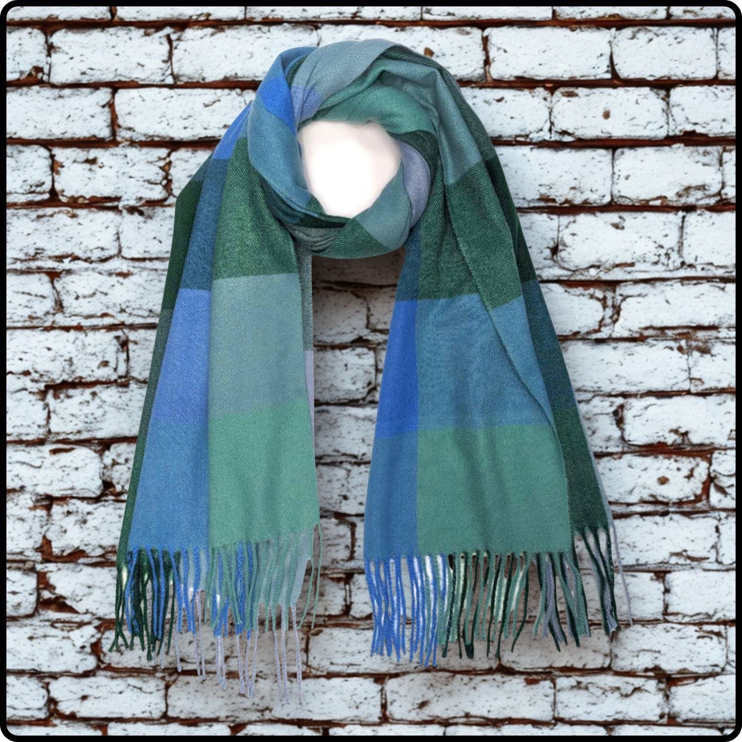 Wool blend mini check scarf with tassels in blues- SCBM