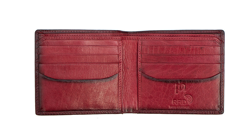 This wallet offers the perfect balance between form and function. It is made of  burnished leather which displays a unique grain pattern, and features six card slots and dual note/receipt compartments. Its small size allows for effortless pocket carrying, while its RFID blocking technology provides an extra layer of security. Get the convenience and security of a wallet in the comfort and style of a leather product.