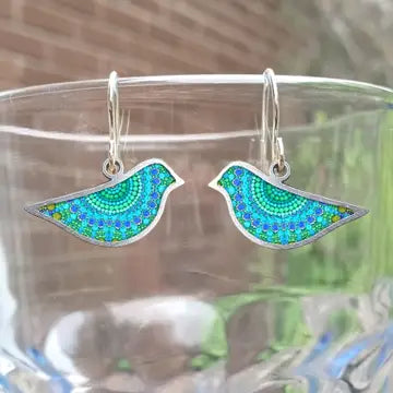 Ceramic and Stainless Steel Bird Shape Turquoise Mandala Earrings-BTME