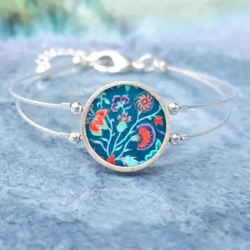 Ceramic and Stainless Steel Red Flowers on Blue Bracelet-CRFB