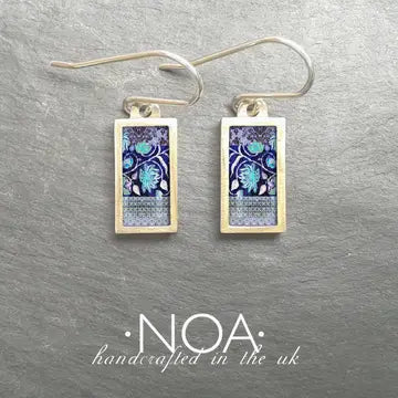 Ceramic and Brass Rectangular Arts and Crafts Blue Flowers Earrings-RBFE