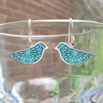 Ceramic and Stainless Steel Bird Shape Blue Welsh Tile Earrings-BWTE
