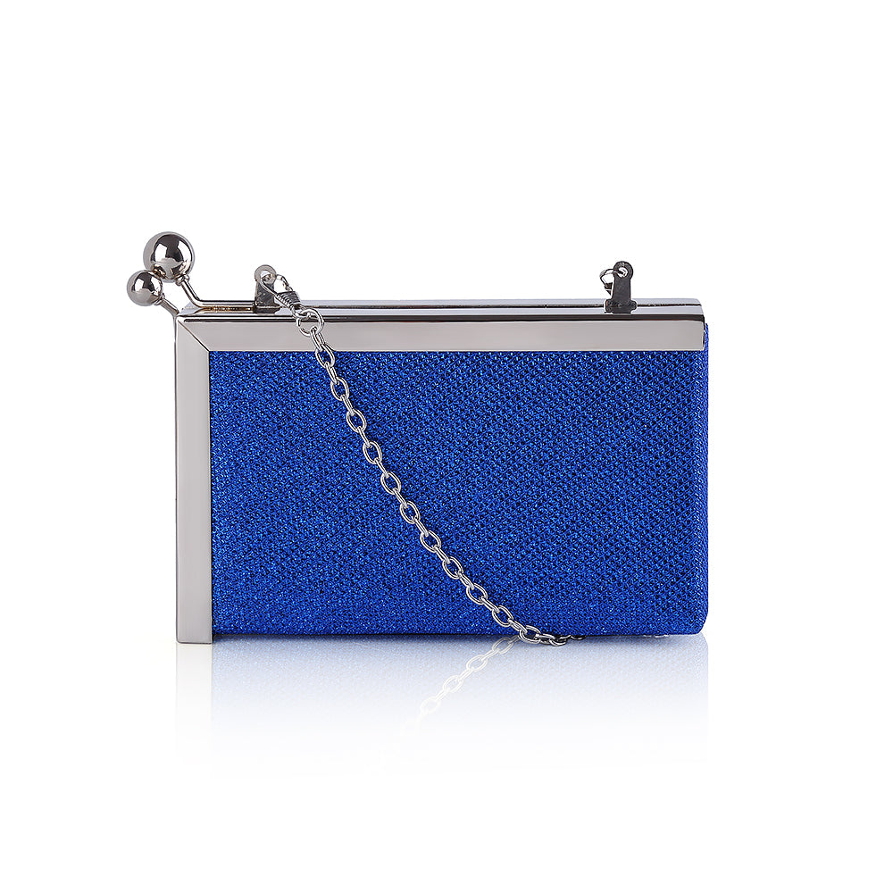 Get ready to make a statement with our Sofia Metal Framed Clutch Bag! Featuring a beautiful glitter pattern and vibrant blue color, this bag is perfect for adding a pop of color to any outfit. The unique opening and detachable chain strap add versatility, making it both stylish and functional.