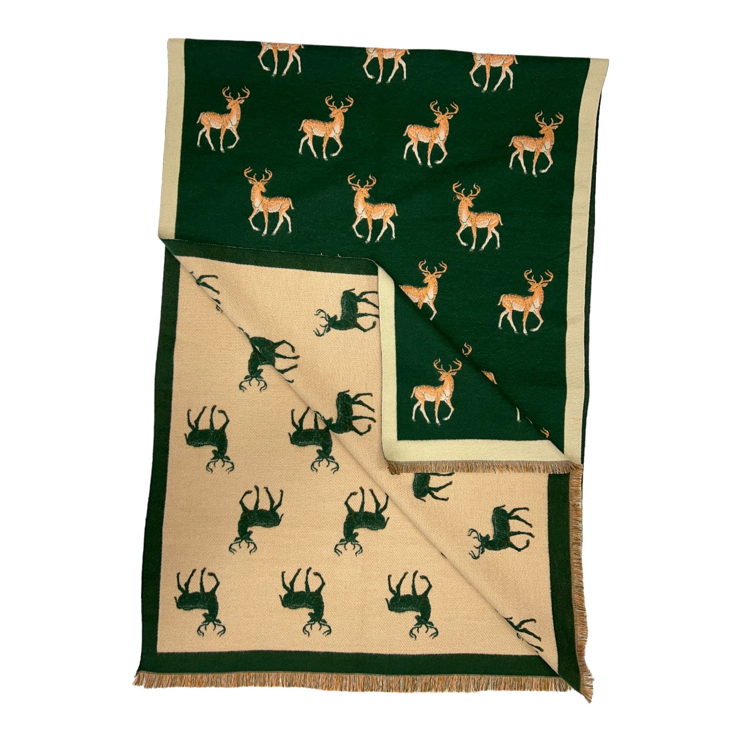 This reversible scarf is crafted from a luxurious cashmere blend and features a beautiful deer embroidered print. The perfect accessory to transition between seasons, it provides warmth and style for any occasion.     80% Viscose, 20% Wool  L: 180cm x W: 75c