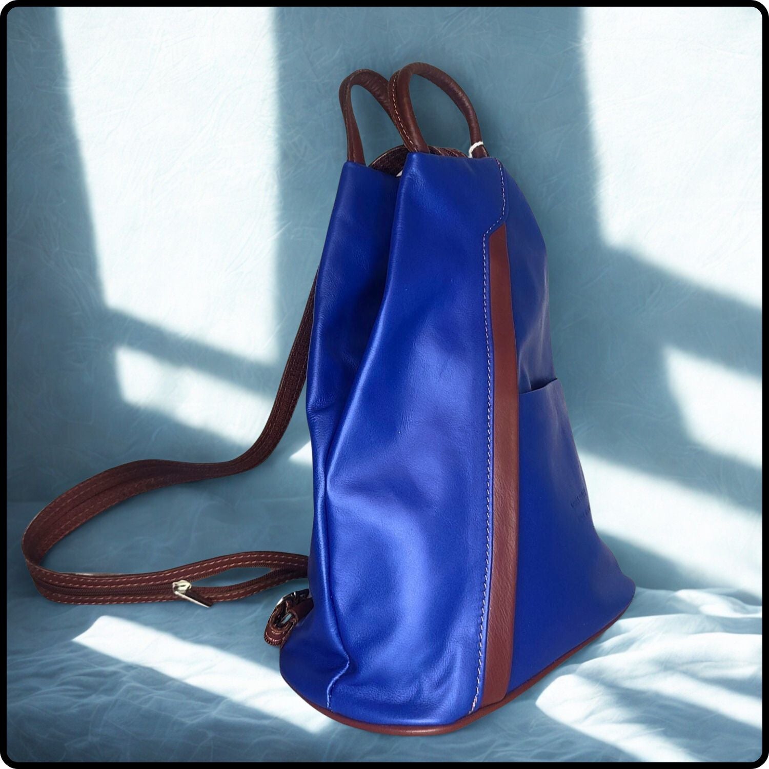 Large Soft Leather Backpack - VPR244-BLUE/BROWN