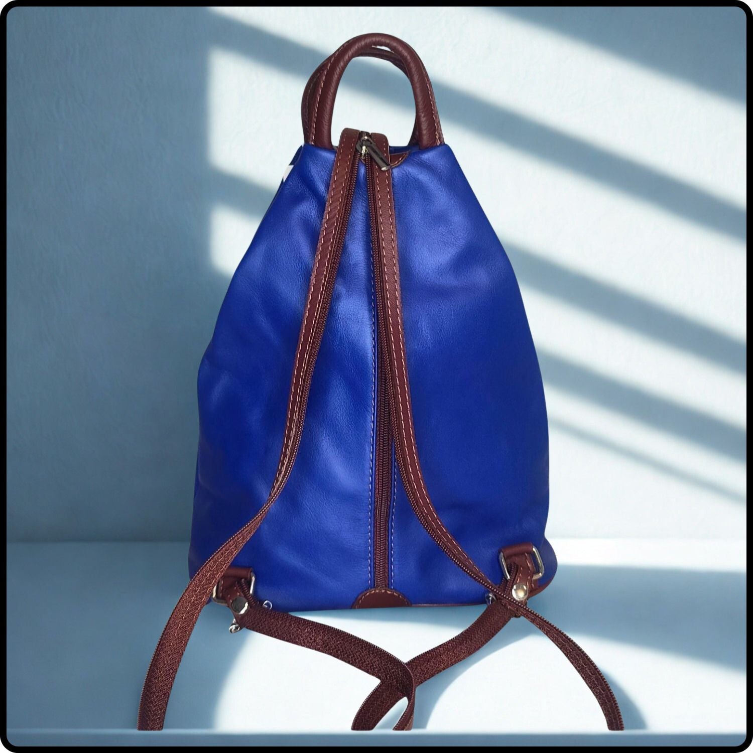 Large Soft Leather Backpack - VPR244-BLUE/BROWN