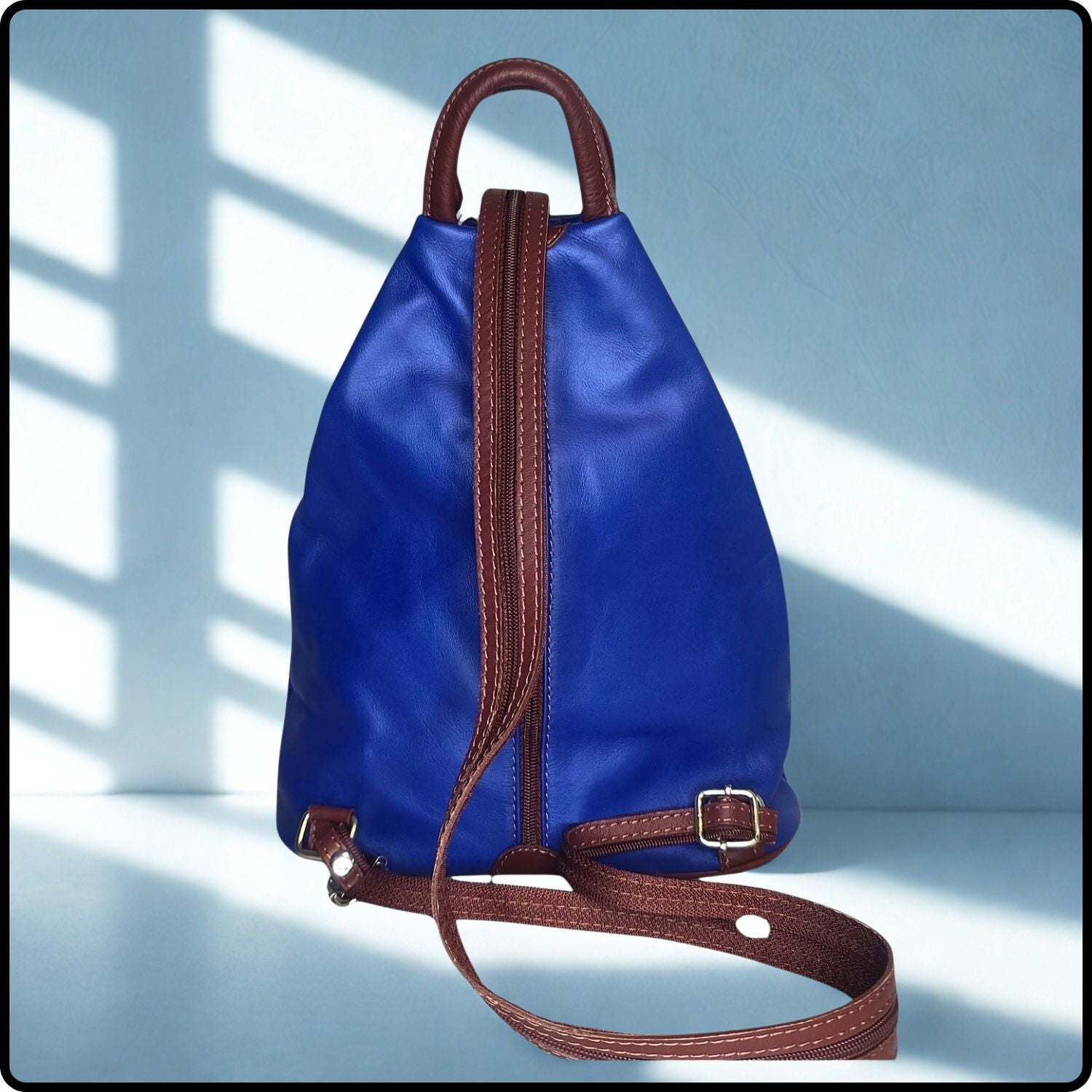 Large Soft Leather Backpack - VPR244-BLUE/BROWN