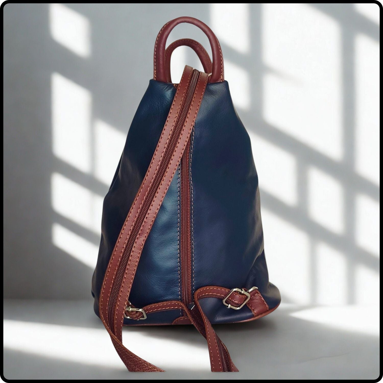 Large Soft Leather Backpack - VPR244-NAVY/BROWN