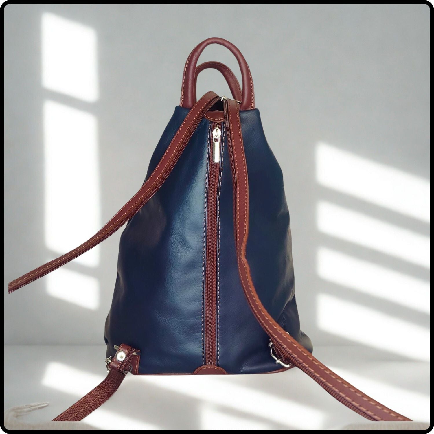Large Soft Leather Backpack - VPR244-NAVY/BROWN