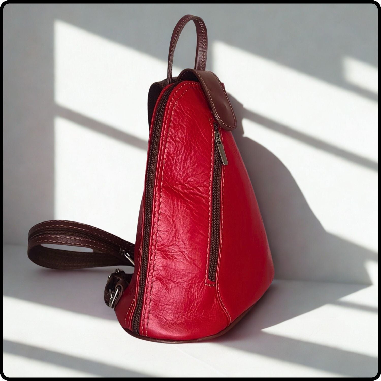 Small Soft Leather Backpack - VPB14-RED/BROWN