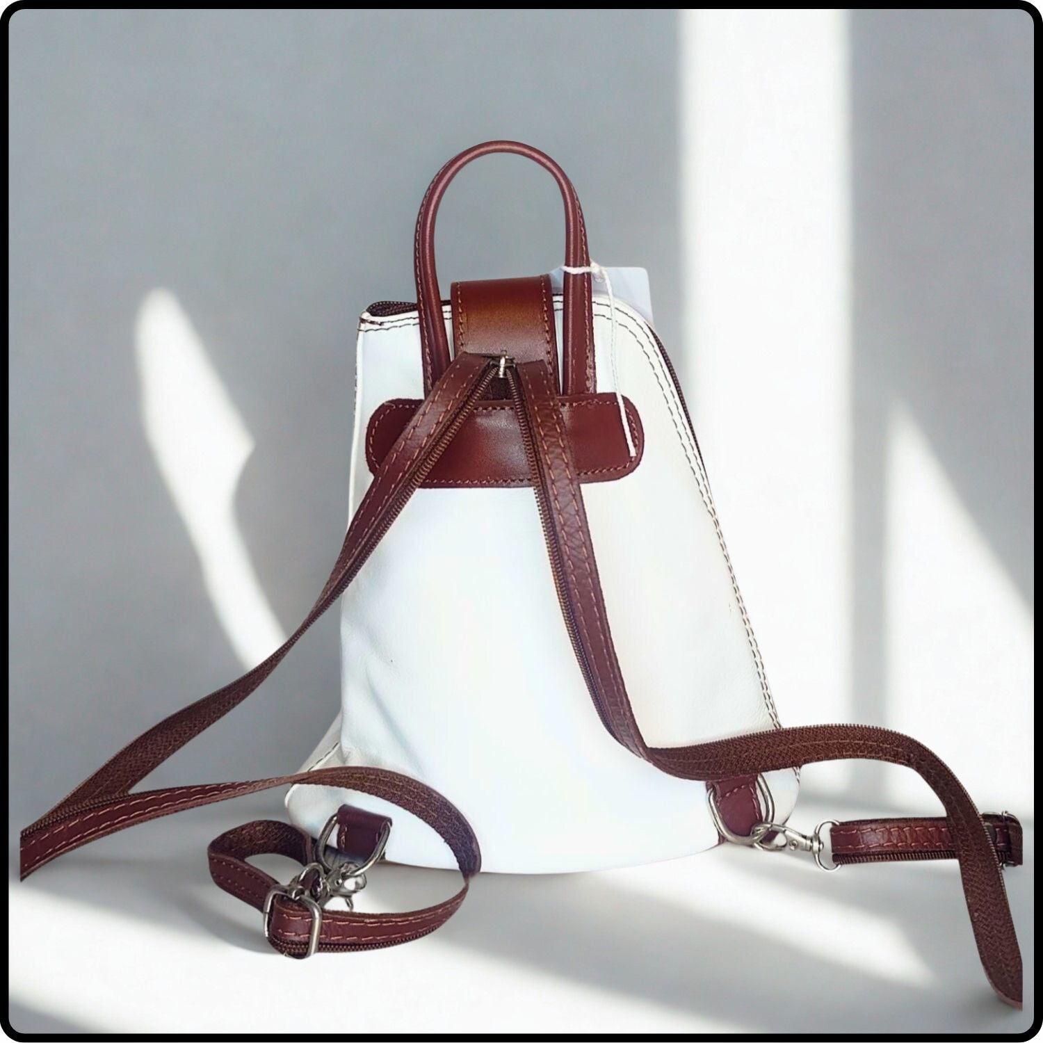 Small Soft Leather Backpack - VPB14-WHITE/BROWN