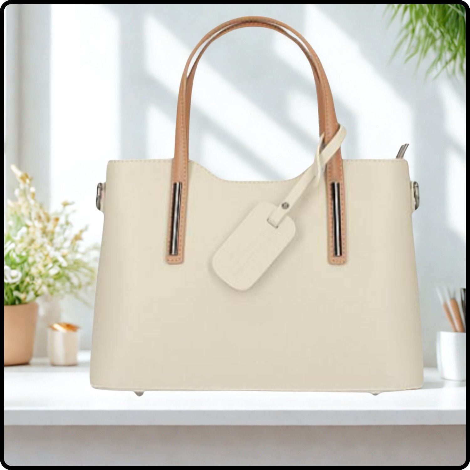 Soft Leather Double Compartment Handbag - M9018/BEC-BEIGE/COGNAC