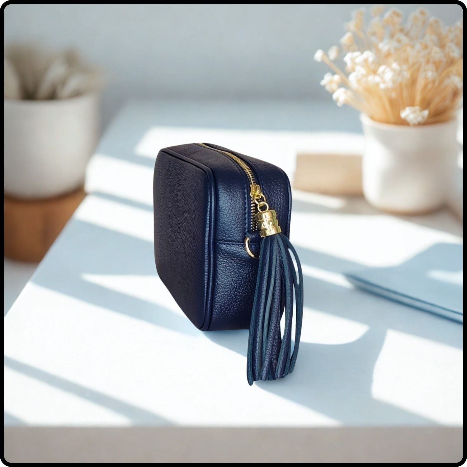Leather Cross Body Bag Tassel- PS233-NAVY