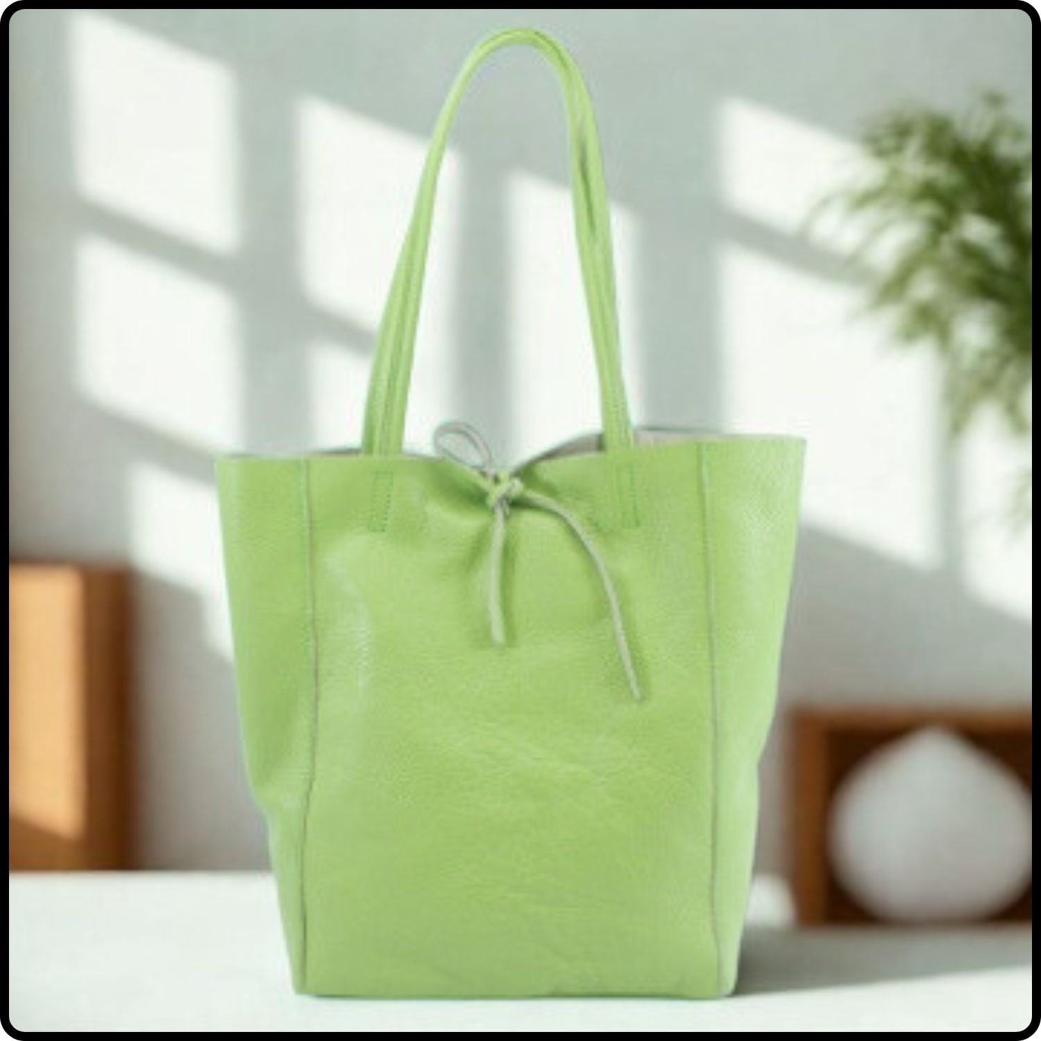 Pebbled Leather Tote Bag - VP8102-LIME GREEN