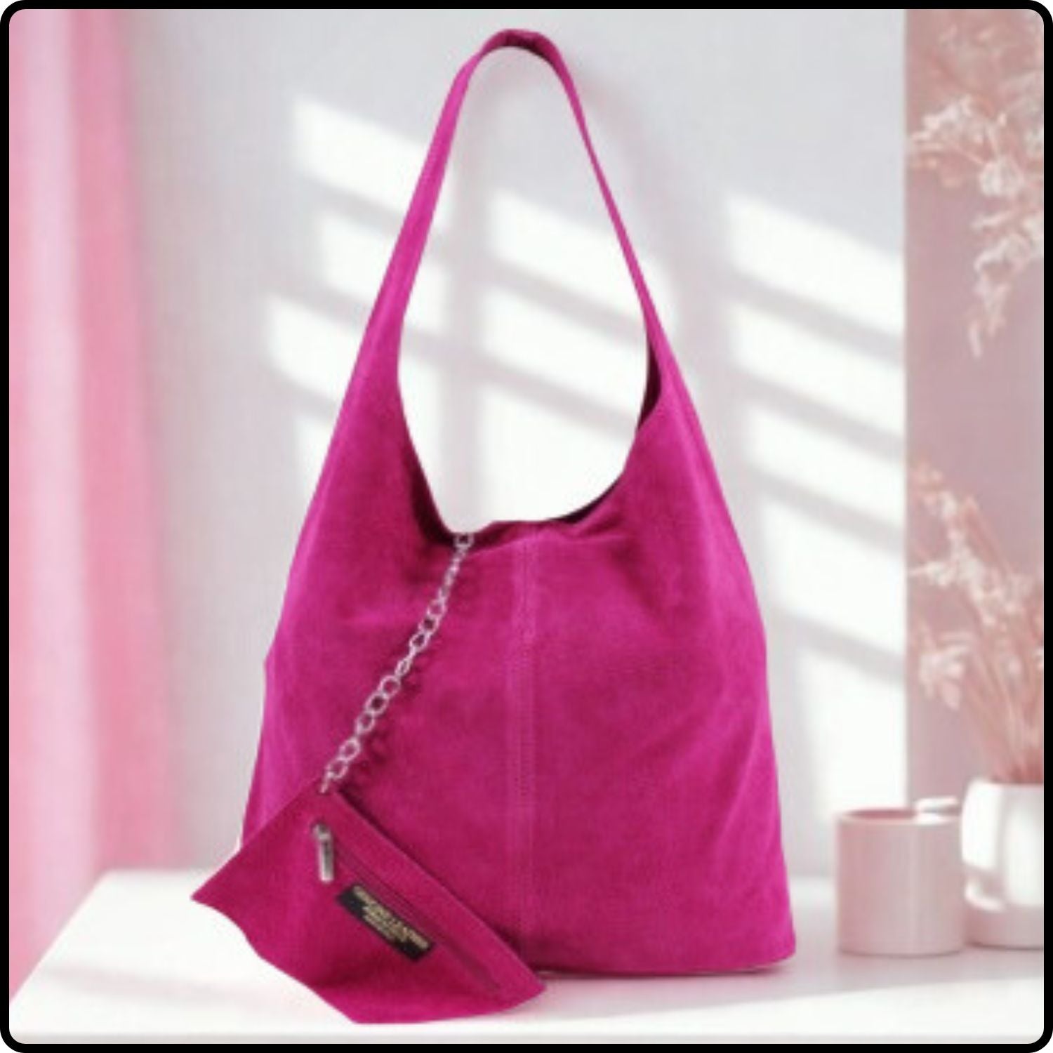 Suede Leather Slouchy Bag - VP144-FUCHSIA