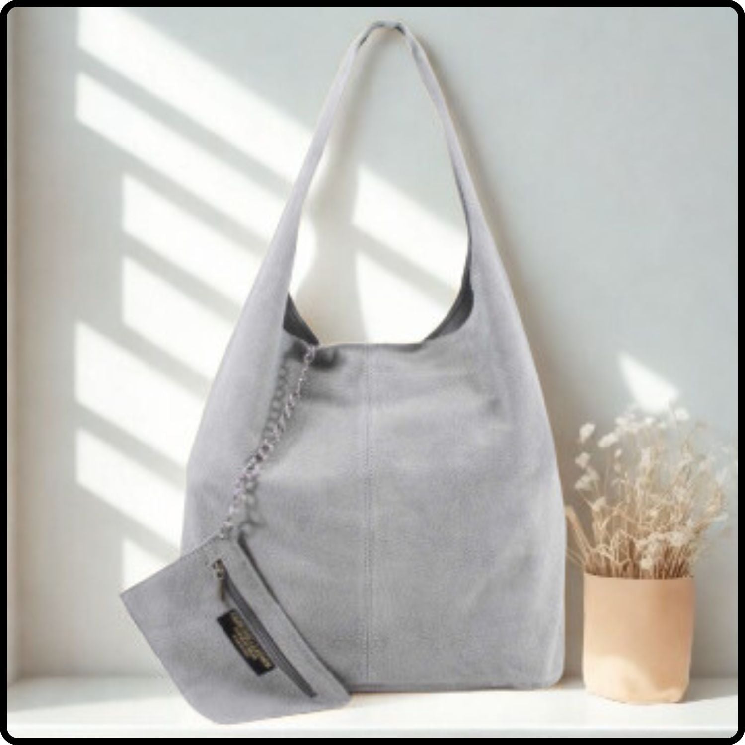 Suede Leather Slouchy Bag - VP144-LIGHT GREY