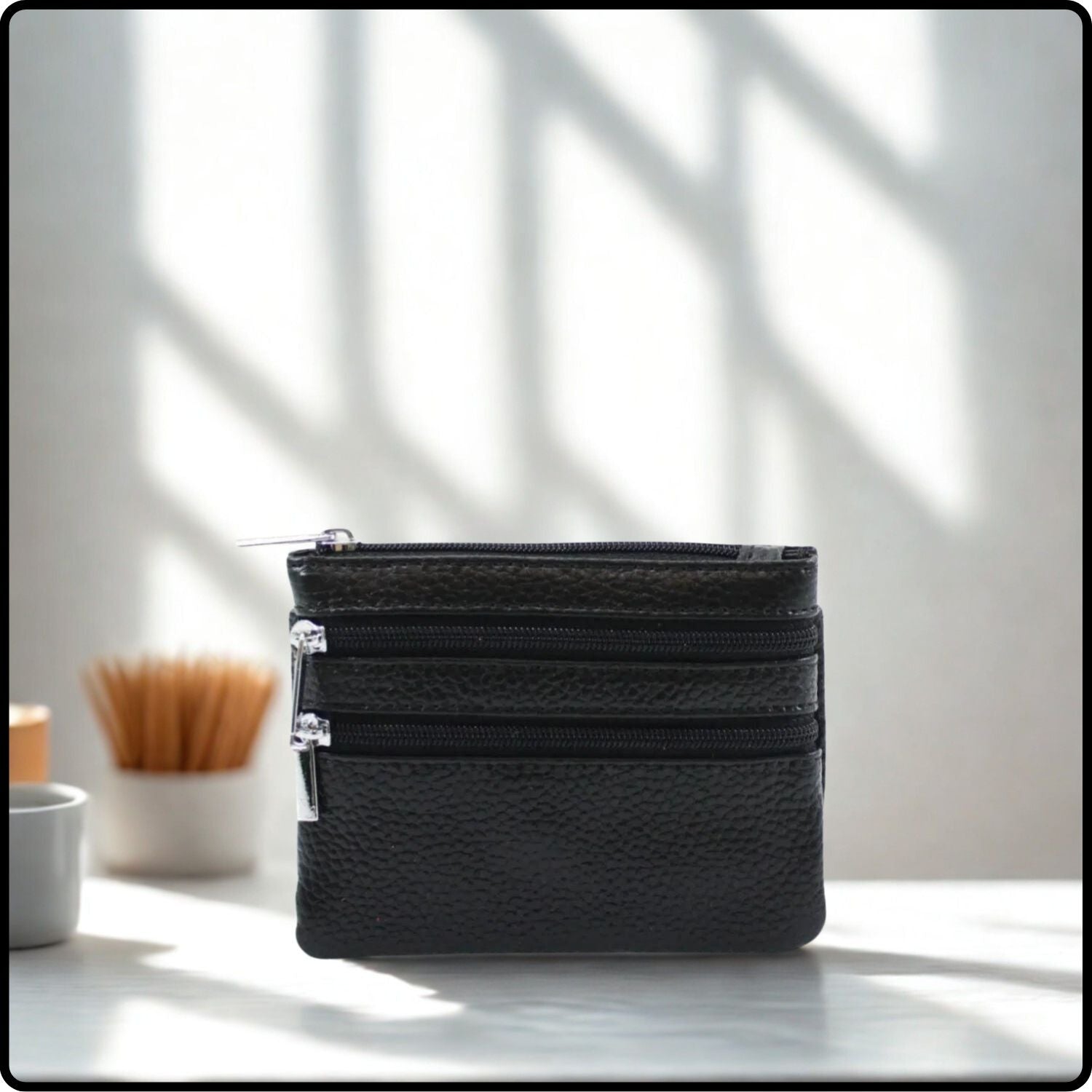 Leather Zipper Coin Purse - 001-BLACK