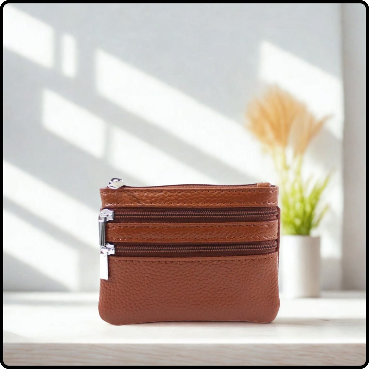 Leather Zipper Coin Purse - 001-BROWN