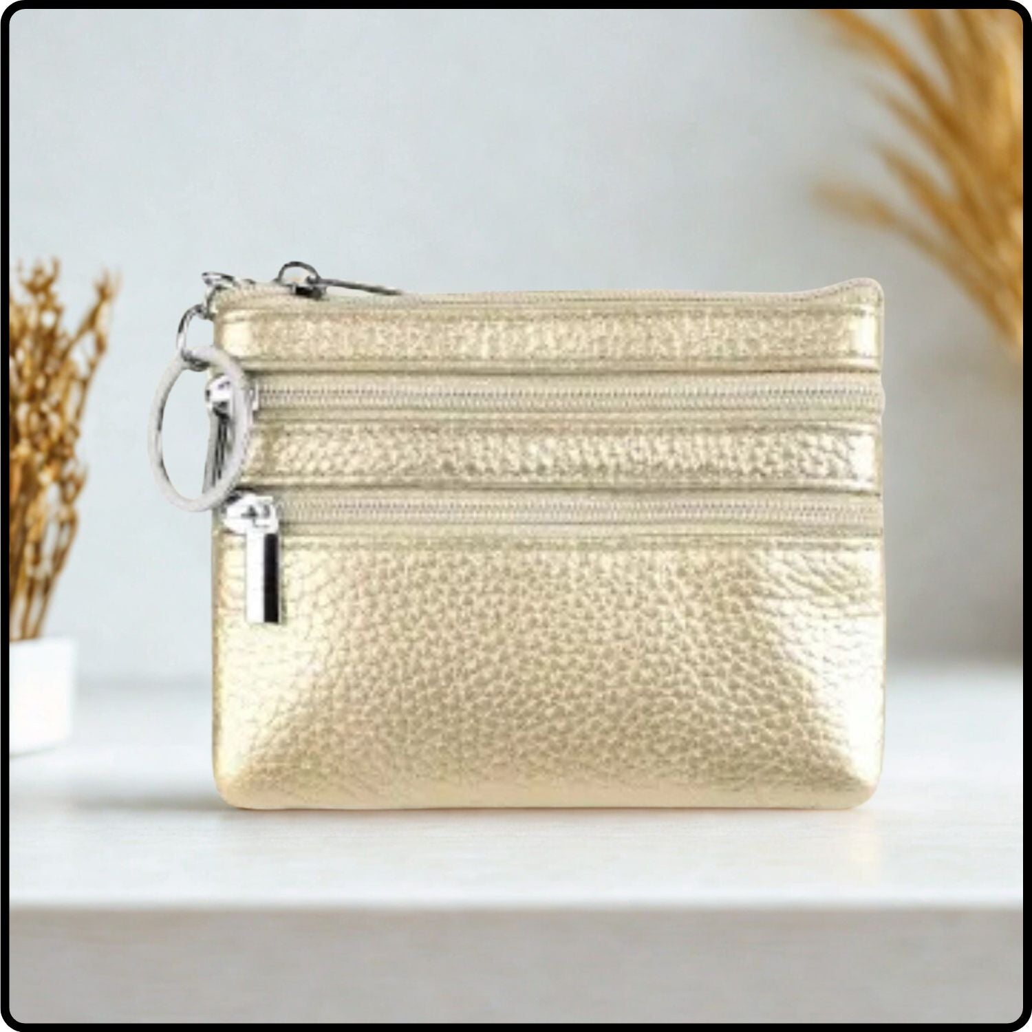 Leather Zipper Coin Purse - 001-GOLD