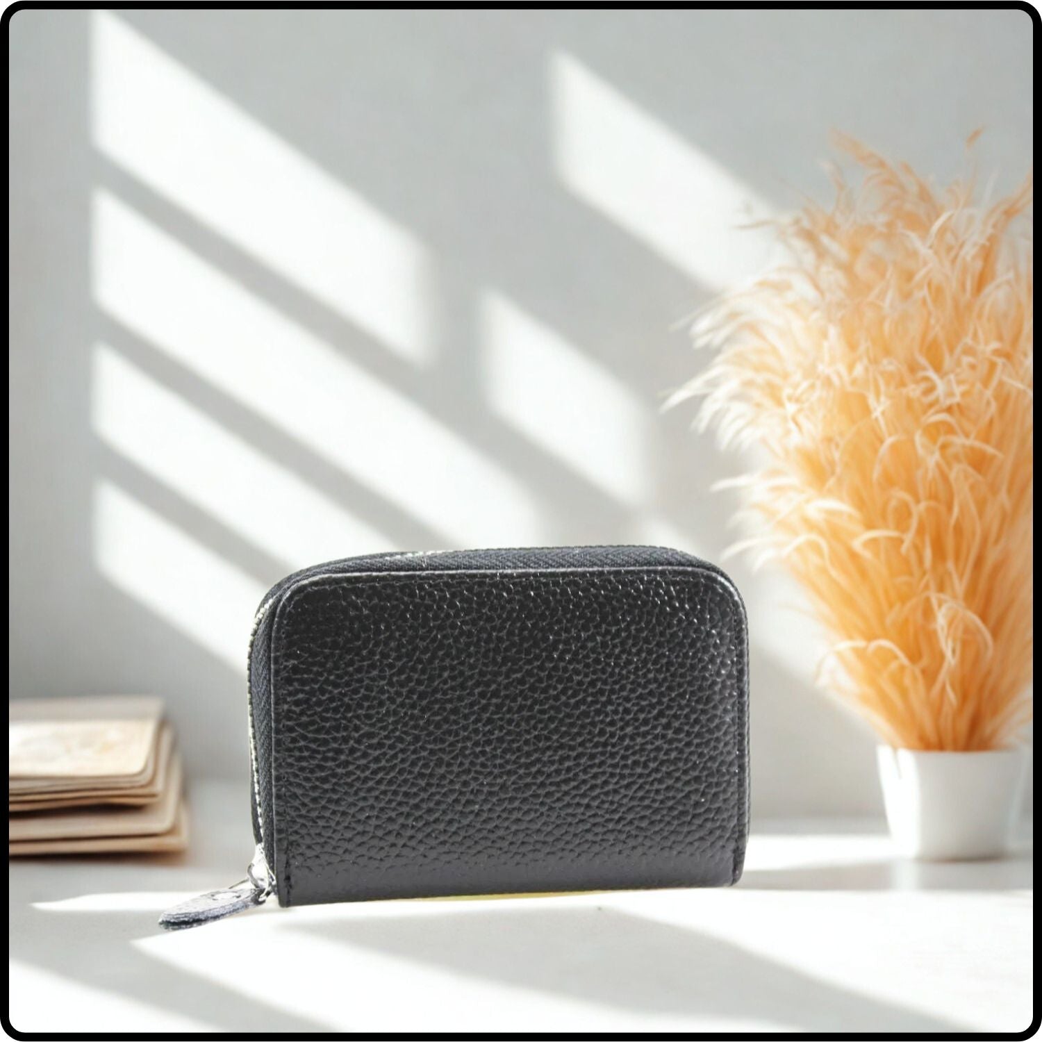 Single Zip Pebbled Leather Card Holder - KB82-BLACK