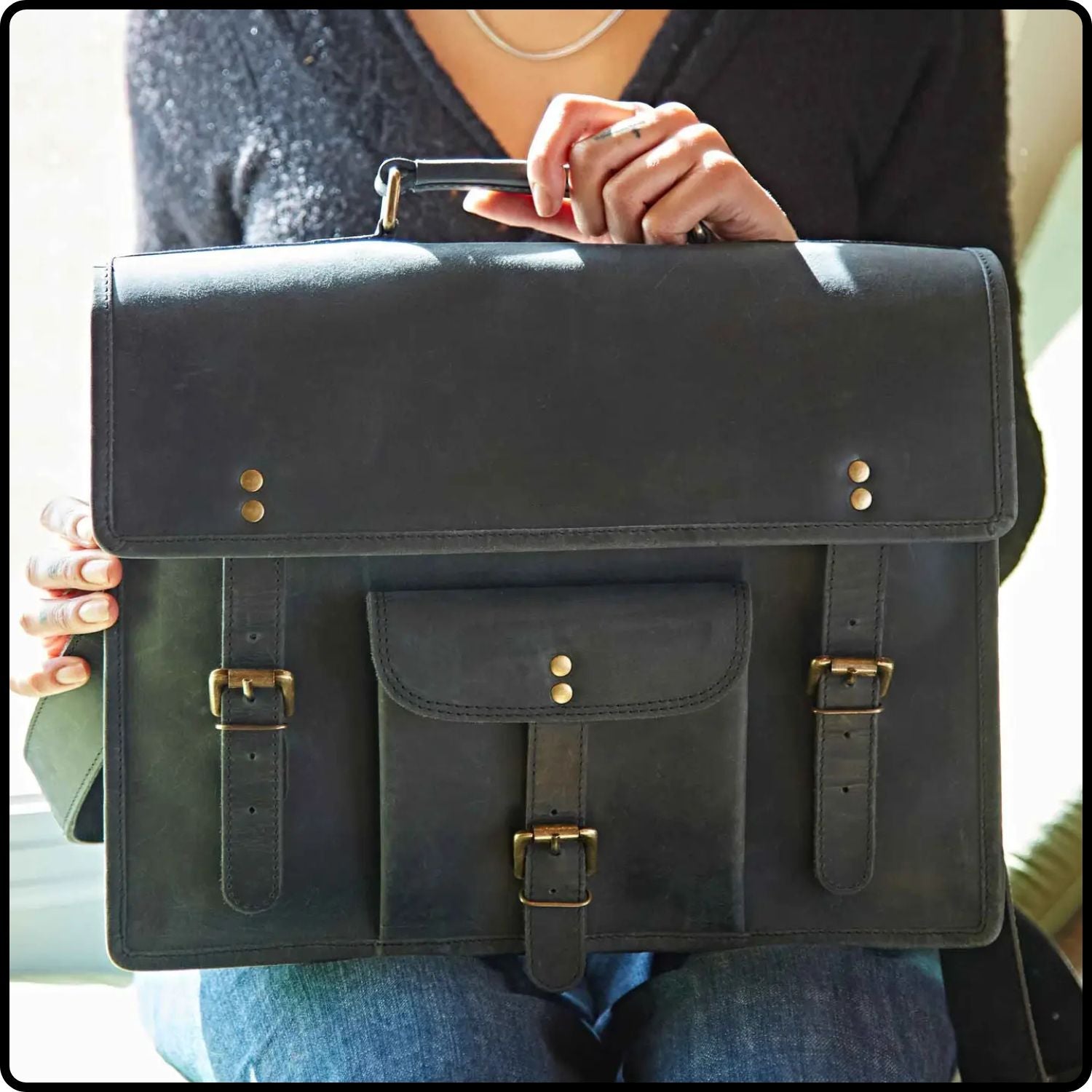 Handmade Buffalo Leather Vintage Satchel-TLB-BLACK