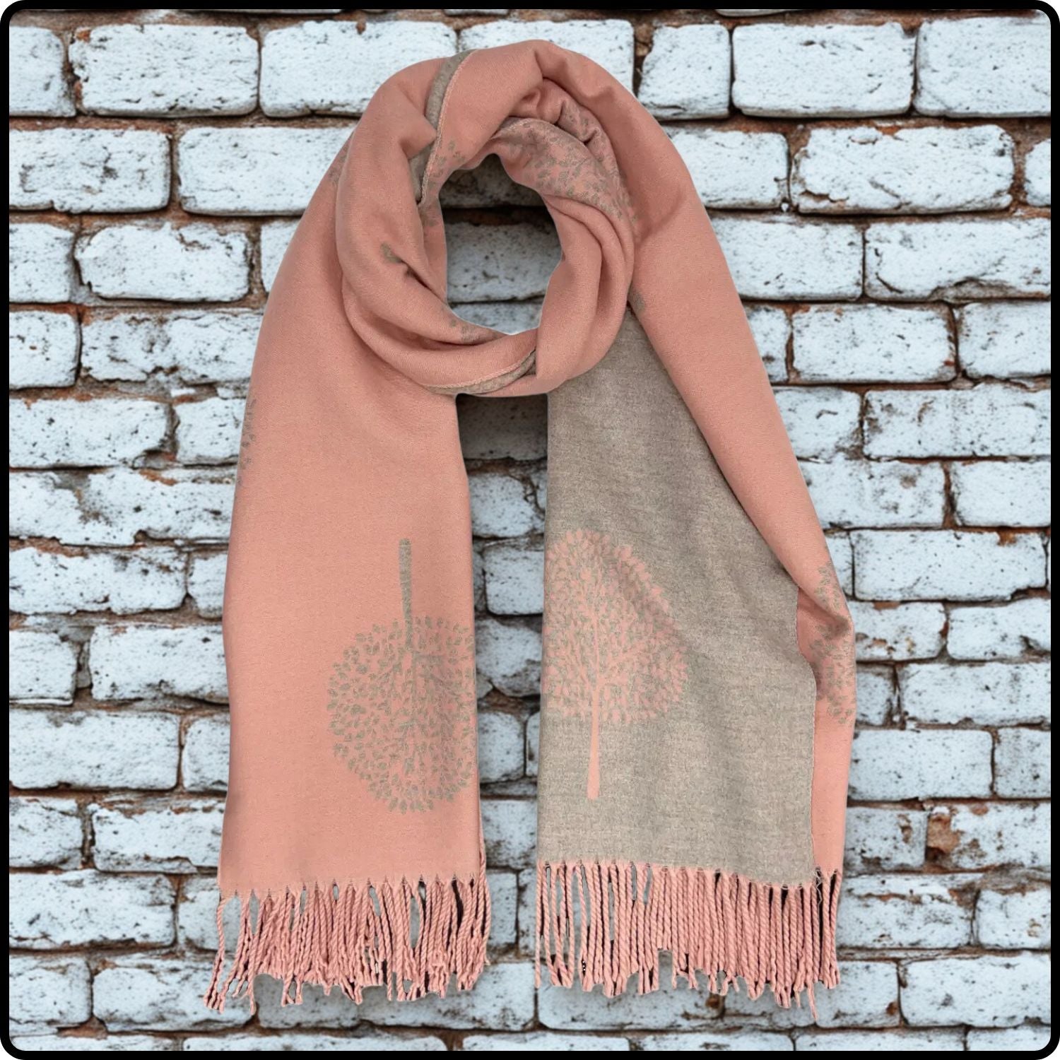 Tree of life print scarf on cashmere mix with tassels in Pink-TSCP