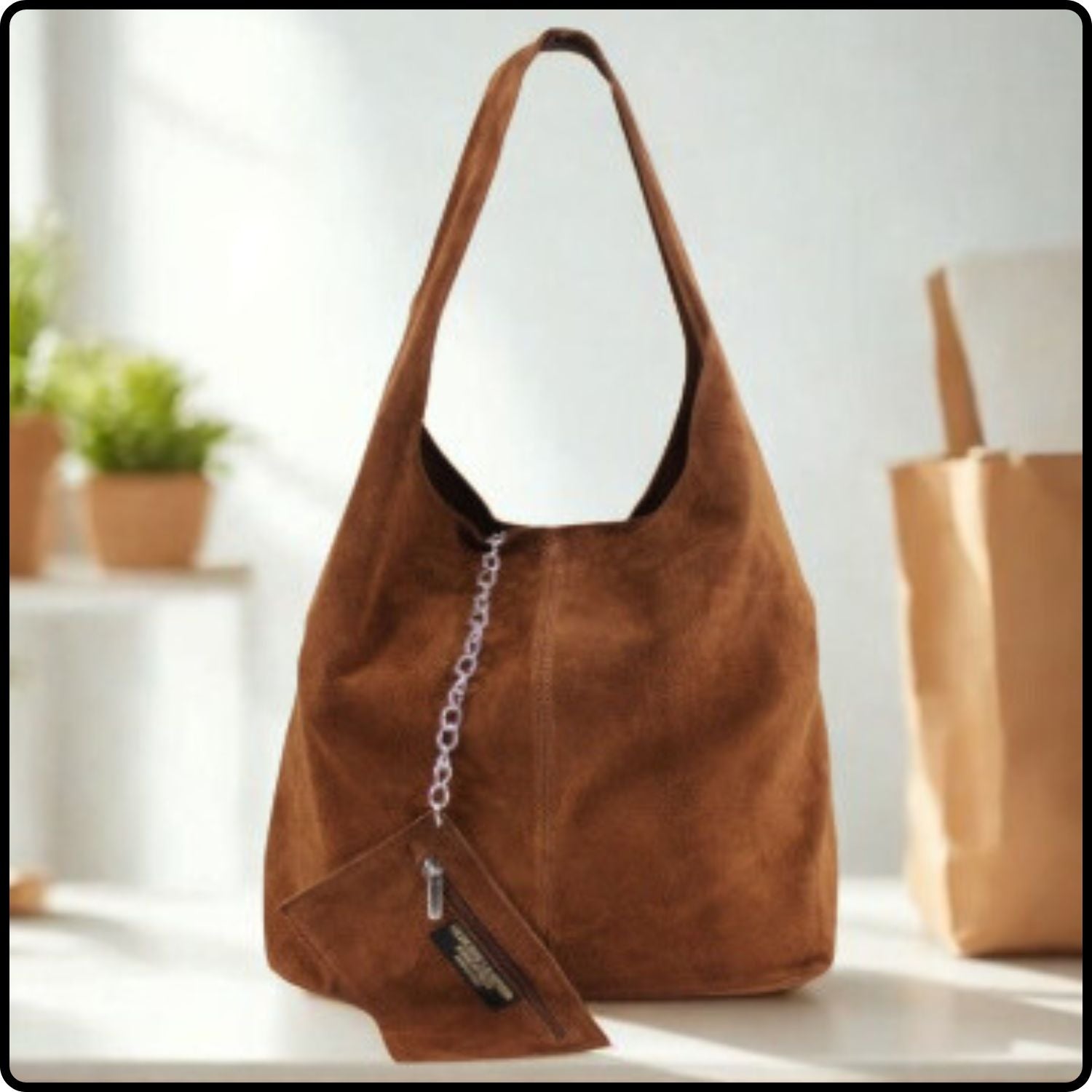 Suede Leather Slouchy Bag - VP144-BROWN