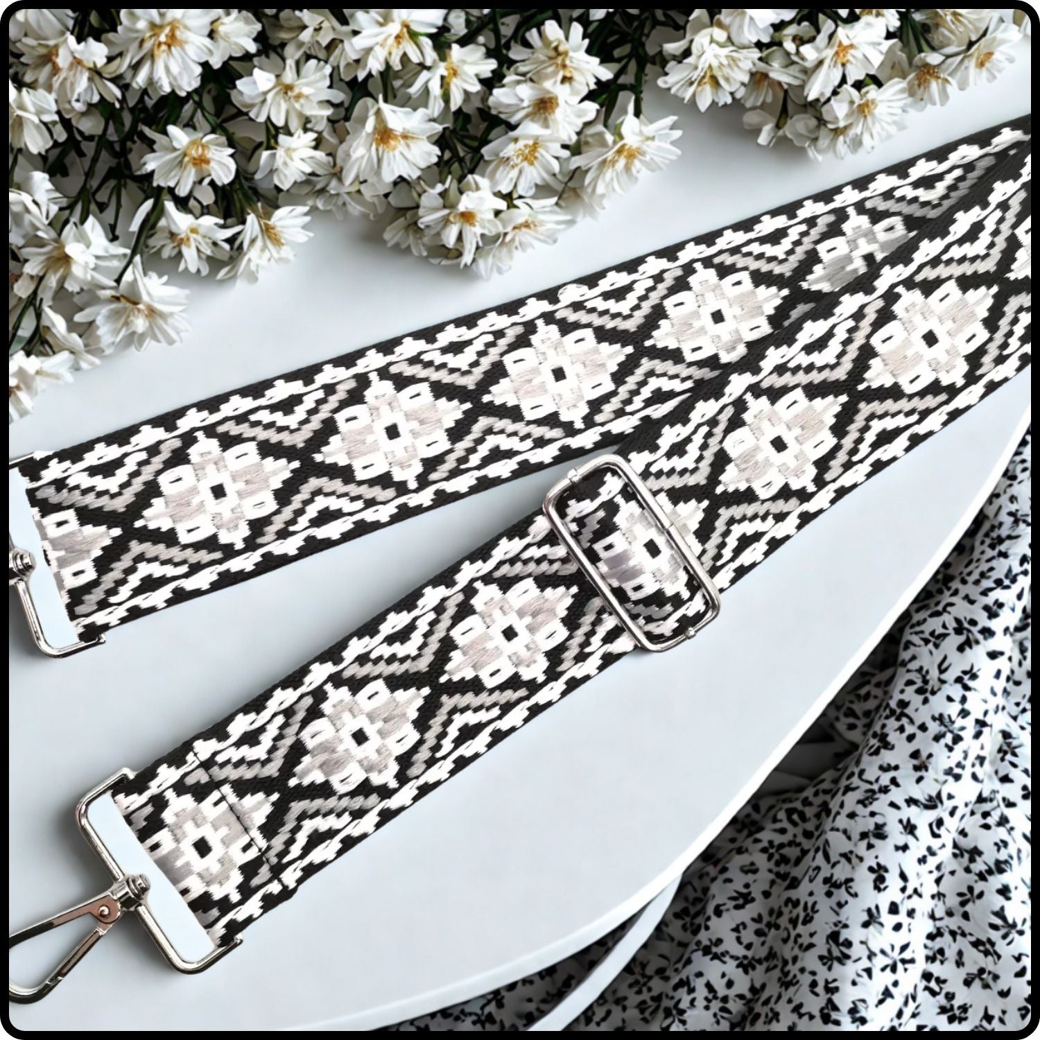 Canvas Bag Strap Embroidered 5CM - SBS-BLACK/WHITE