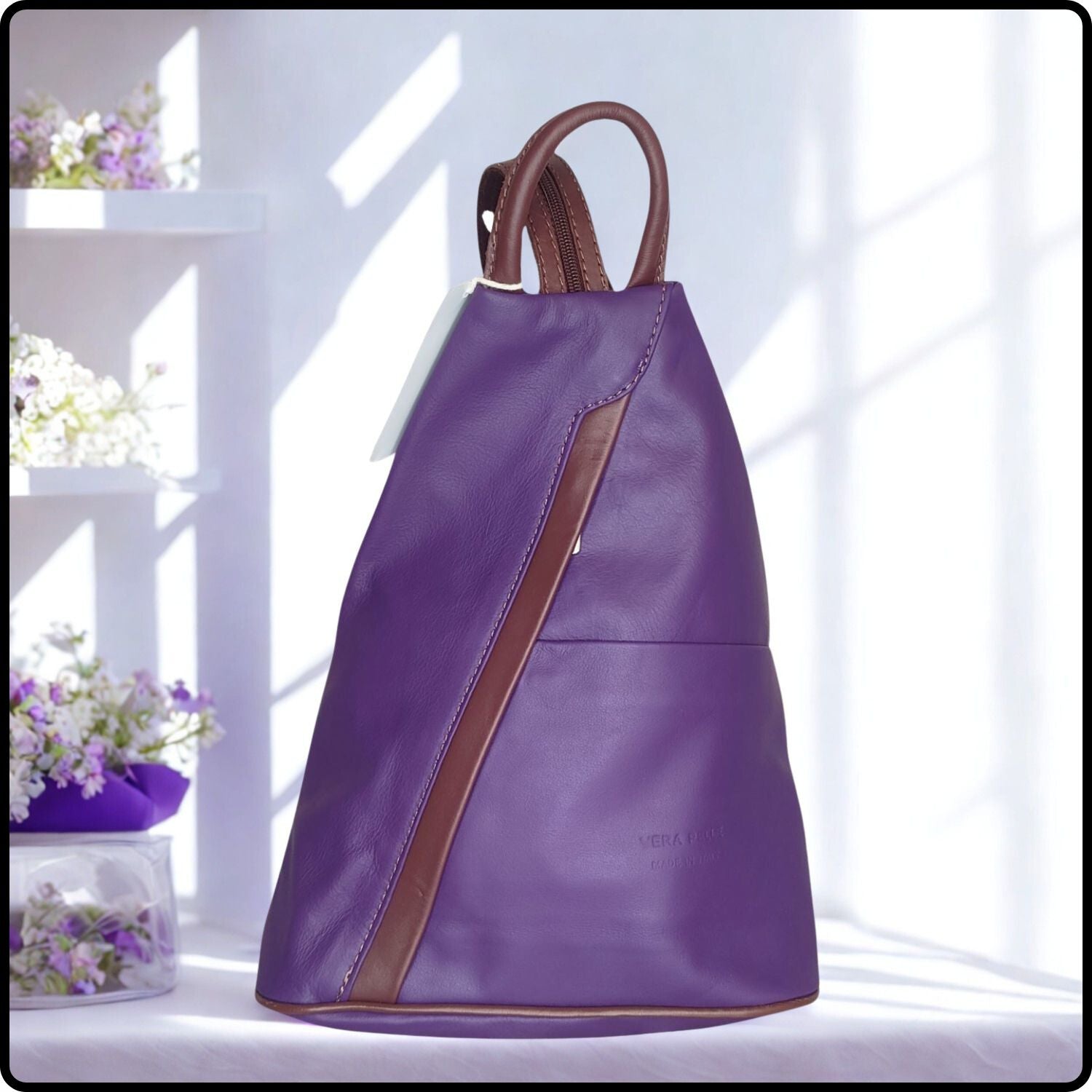 Large Soft Leather Backpack - VPR244-PURPLE/BROWN