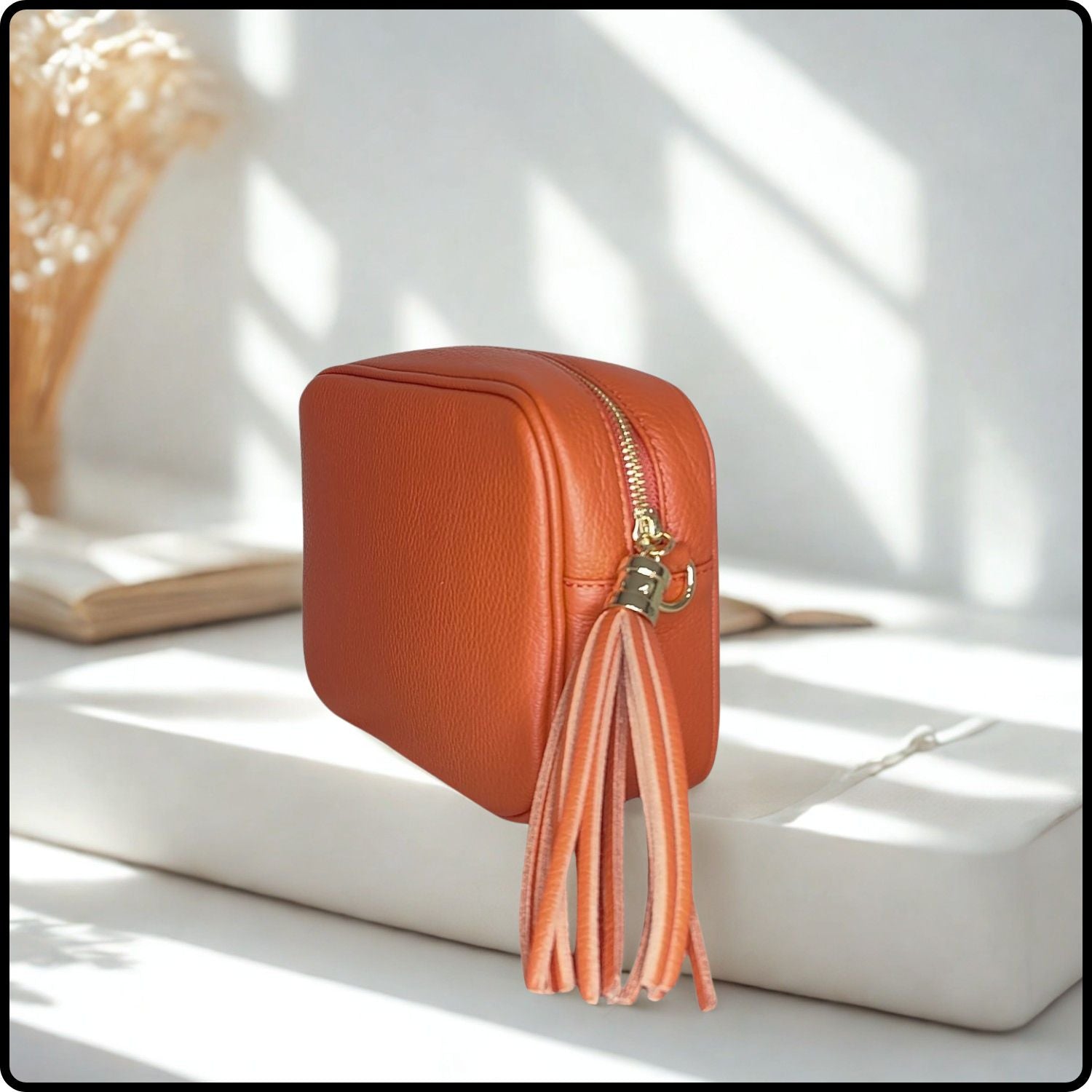 Leather Cross Body Bag Tassel- PS233-BURNT ORANGE