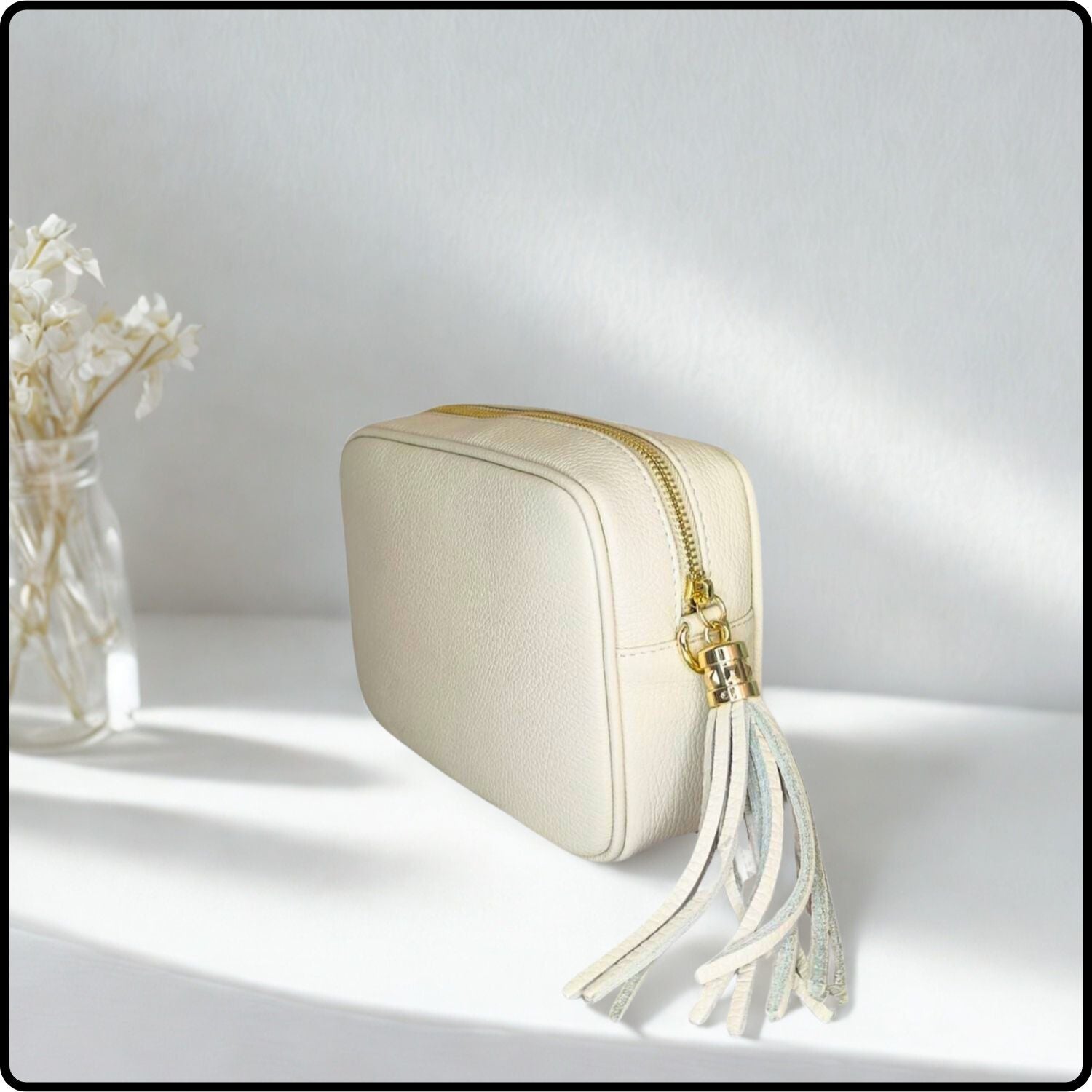Leather Cross Body Bag Tassel- PS233-CREAM