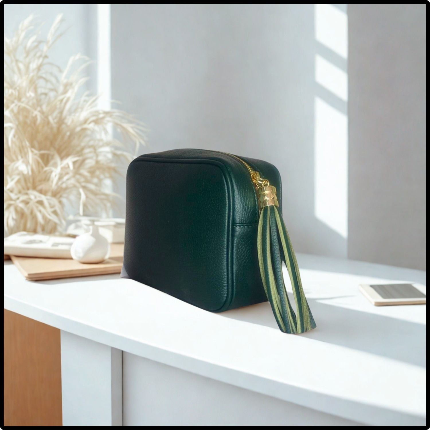 Leather Cross Body Bag Tassel- PS233-DARK GREEN