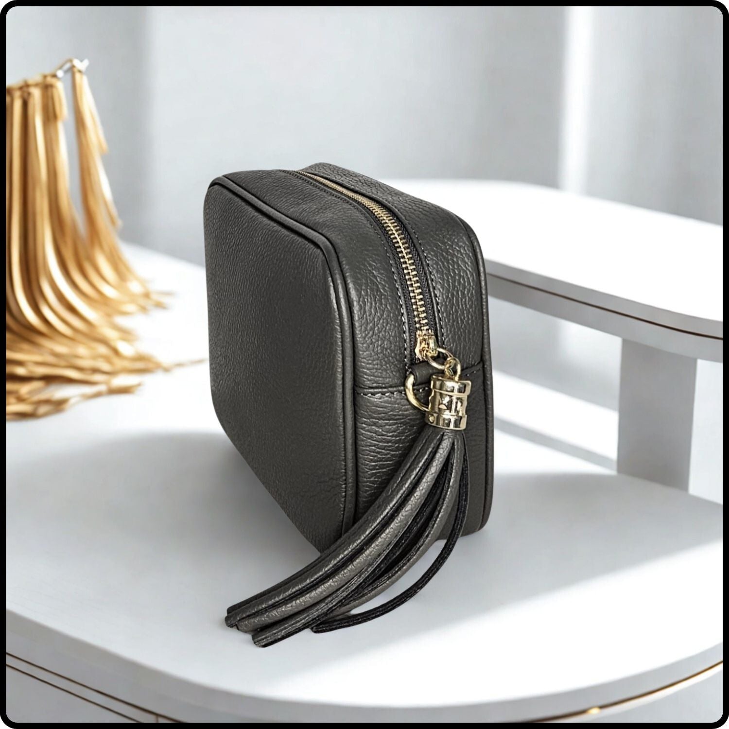 Leather Cross Body Bag Tassel- PS233-DARK GREY